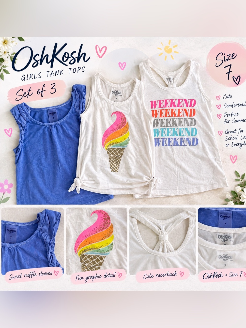 Girls Tank Tops Set of 3 OshKosh Size 7